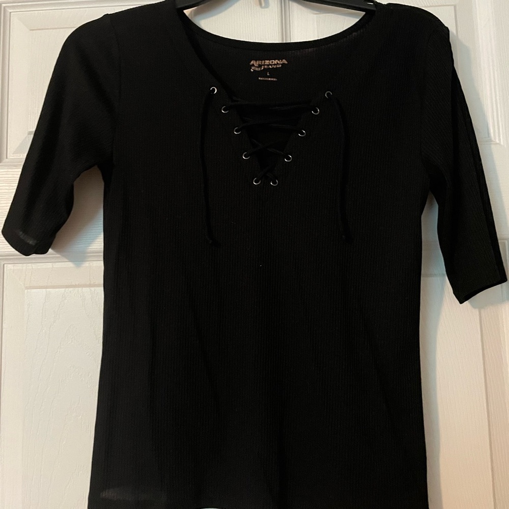 Black Tight fitting Criss- Cross Neckline Shirt.
